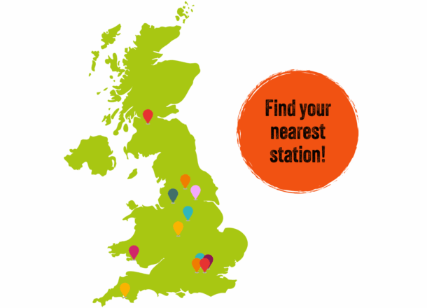 A map of the United Kingdom with coloured location pinpoints. Text reads: Find your nearest station!