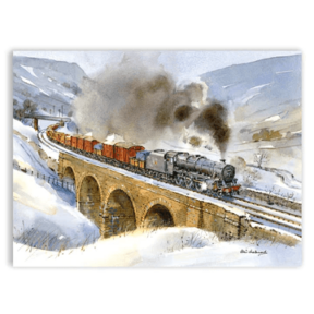 Illustrated image of a steam engine travelling over a bridge, surrounded by snow.