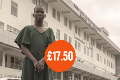 Image of a teenager stood in dark clothing with a tall white building behind. Orange circle with £17.50 inside.