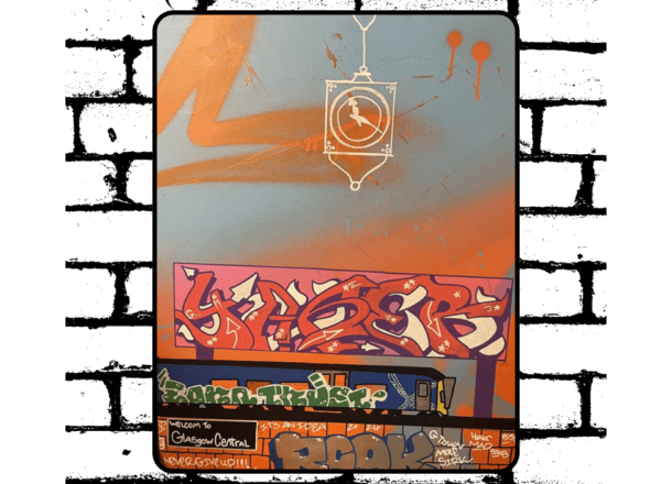 Black and White graffiti wall with colourful graphic of graffiti art layered on top.