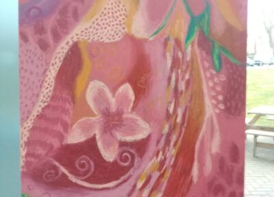 Pink canvas drawing with flowers.