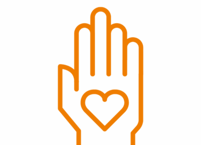 Orange logo of hand and heart