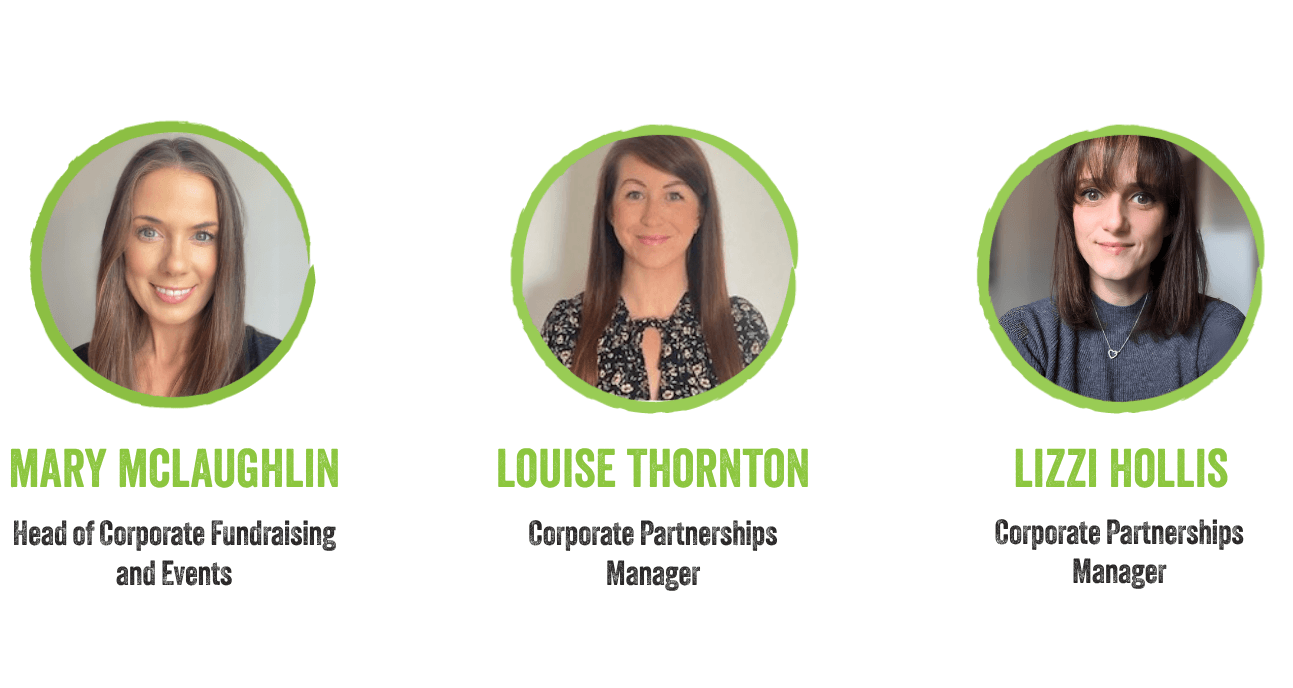 Three headshots in green frames showing the Railway Children Corporate Fundraising Team: Mary McLaughlin, Louise Thornton, Lizzi Hollis