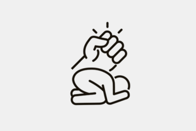 An icon showing a person crouched down on the floor with their hand in their hands and a large fist behind them.