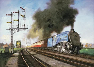 A painting of a blue steam engine going across a track - a Railway Children Christmas card.