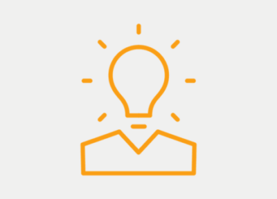 An orange icon of a book with a glowing lightbulb above it.