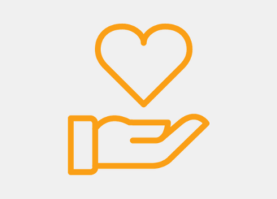 An orange icon showing a hand with a heart above it.