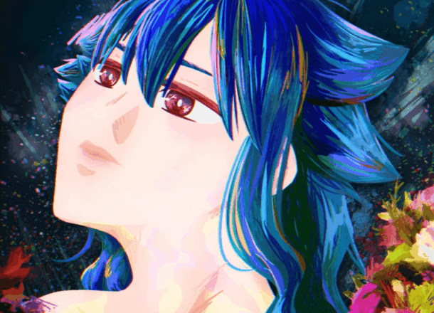 A vibrant digital anime‑style illustration featuring a stylised character with bright, multi‑toned blue hair rendered in dynamic, flowing strokes. The character is shown in a close‑up portrait view with the head tilted upward, highlighting large, reflective eyes and soft, smooth shading across the face. The background blends abstract, colourful splashes of light with dark, atmospheric tones, creating a dramatic contrast. On the lower right side of the composition, vivid clusters of flowers add extra colour and texture, enhancing the fantasy‑inspired aesthetic of the artwork. The piece uses rich blues, purples, greens, and warm floral hues to create a visually striking, high‑contrast anime fantasy theme—ideal for use in content about digital art, anime illustration, character design, or fantasy artwork.