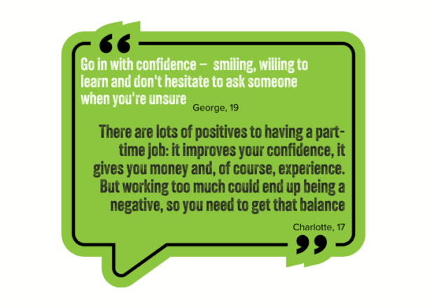 green quote graphic with black and white text giving advice and tips for young people in employment