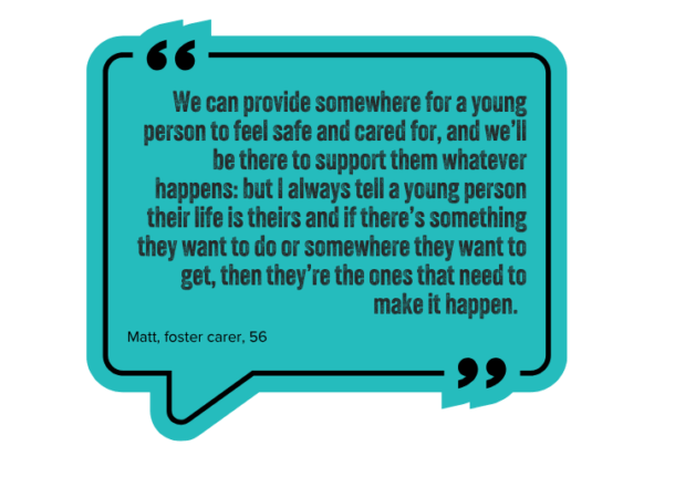 Blue speech bubble graphic containing a quote from a foster carer.