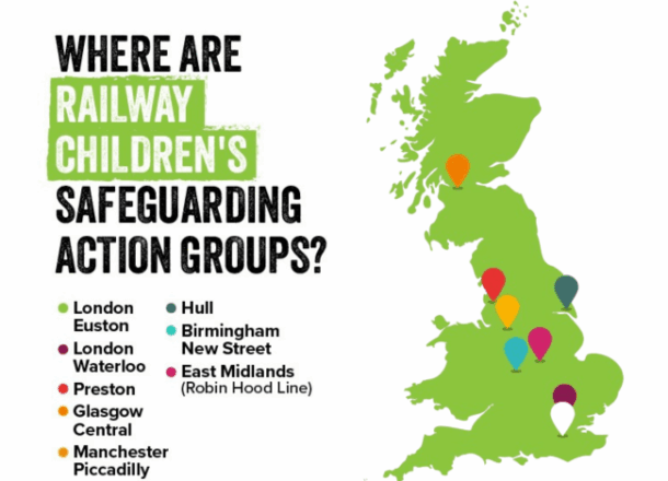 A map showing the locations of Railway Children's safeguarding action groups: London, Preston, Glasgow, Manchester, Hull, Birmingham and East Midlands (Robin Hood Line).