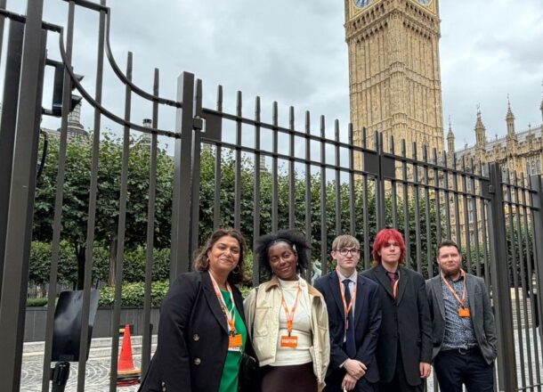 Railway Children staff and youth ambassadors in London in front of Big Ben.