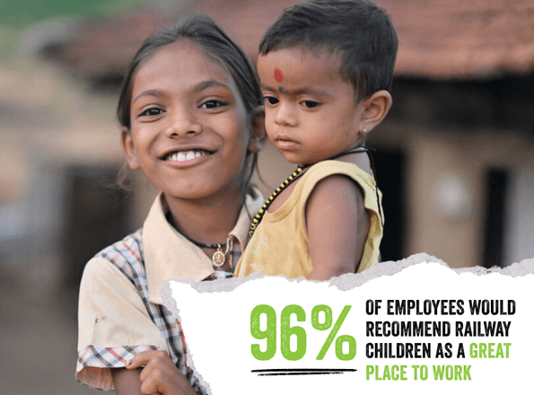 Image of a young teenage girl in India holding a toddler with text on image: 96% OF EMPLOYEES WOULD RECOMMEND RAILWAY CHILDREN AS A GREAT PLACE TO WORK.