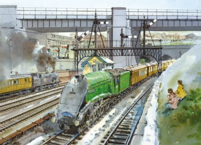 Watercolour Christmas card illustration showing a green steam locomotive pulling passenger carriages through a snow-covered railway junction, with signal gantries, a bridge and spectators watching from a snowy embankment.