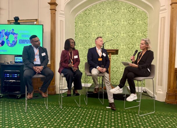 Senior representatives from the Railway Children charity group being interviewed by Nikki Bedi at a House of Commons event.