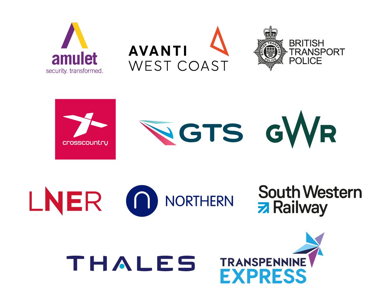 A graphic featuring the logos of organisations that have partnered with Railway Children training programmes, including Amulet, Avanti West Coast, British Transport Police, CrossCountry, GTS, Great Western Railway, LNER, Northern, South Western Railway, Thales and TransPennine Express.