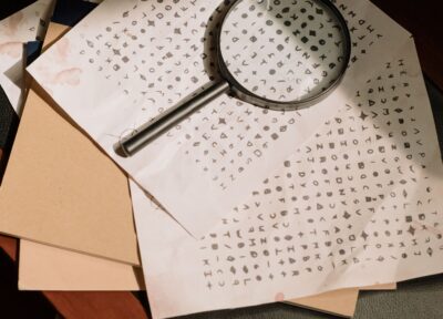 A set of clues on a desk with a magnifying glass and brown folders.